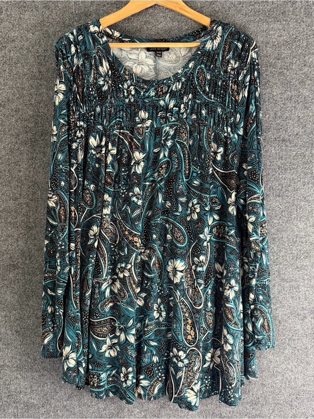 Lane Bryant Womens Long Sleeve Floral Paisley Tunic Top Size 26/28 Teal Flowy